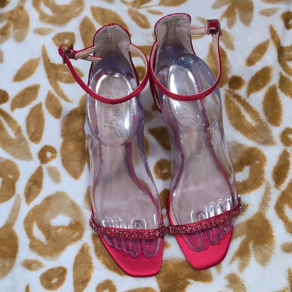 Jewel Badgley Mischka Clear PVC Rhinestone Heels Pink Red Ankle Strap Stiletto